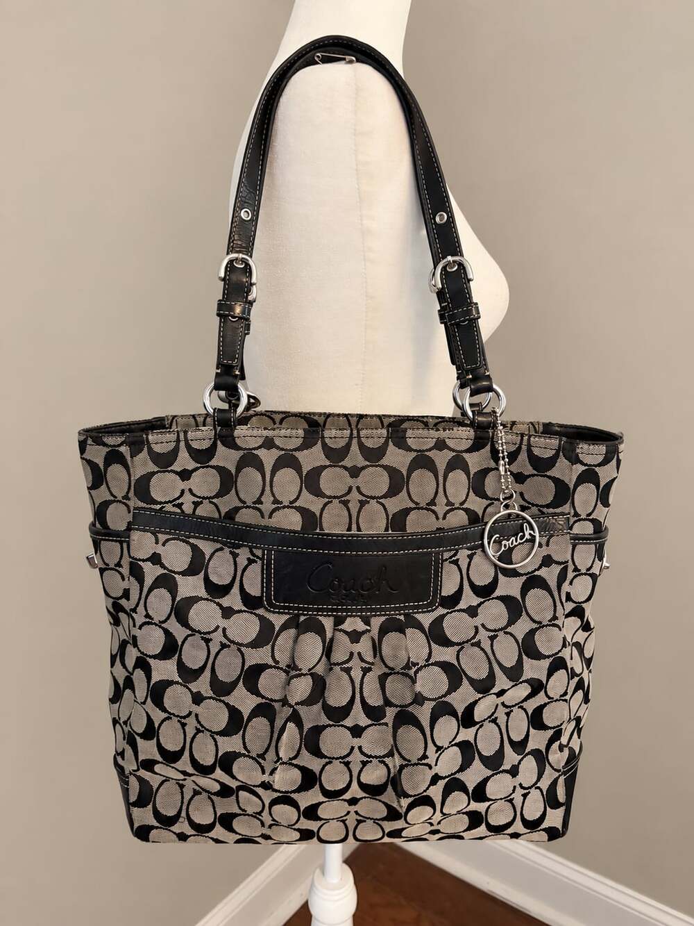 Coach Signature Canvas Pleated Gallery Tote Bag Black and Grey